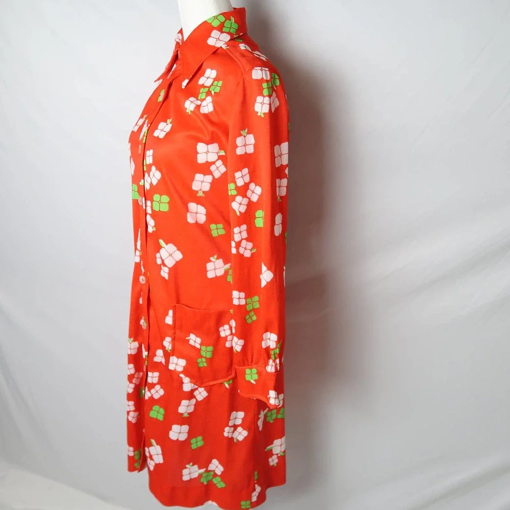 Vintage 70s red orange and white groovy floral mini shirt dress S - Picture 3 of 6